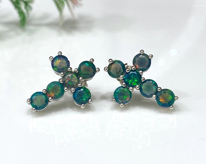 Vintage Sterling Silver Natural Black Fire Opal Cross Earrings.