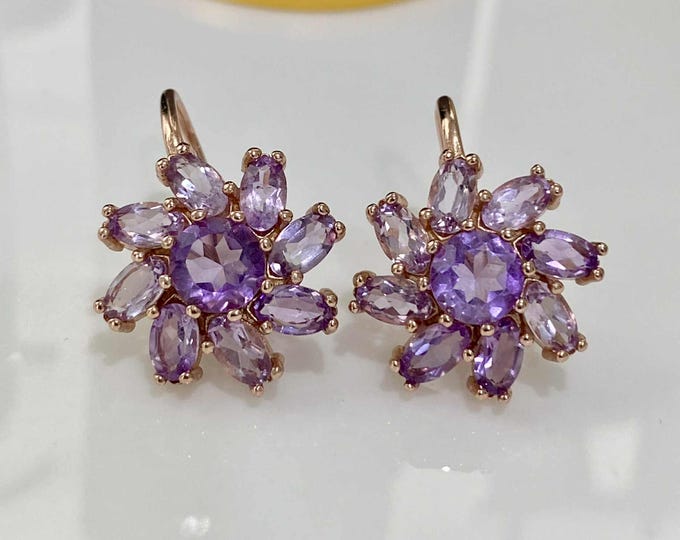 Vintage Sterling Silver 14k Rose Gold Plate Natural Amethyst Earrings.