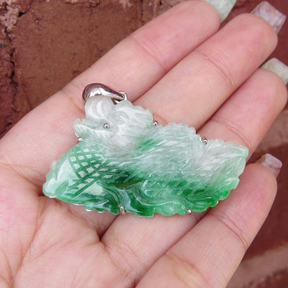 Vintage 9K Solid White Gold Natural Emerald Green Jadeite Jade Carved Dragon Phoenix Pendant