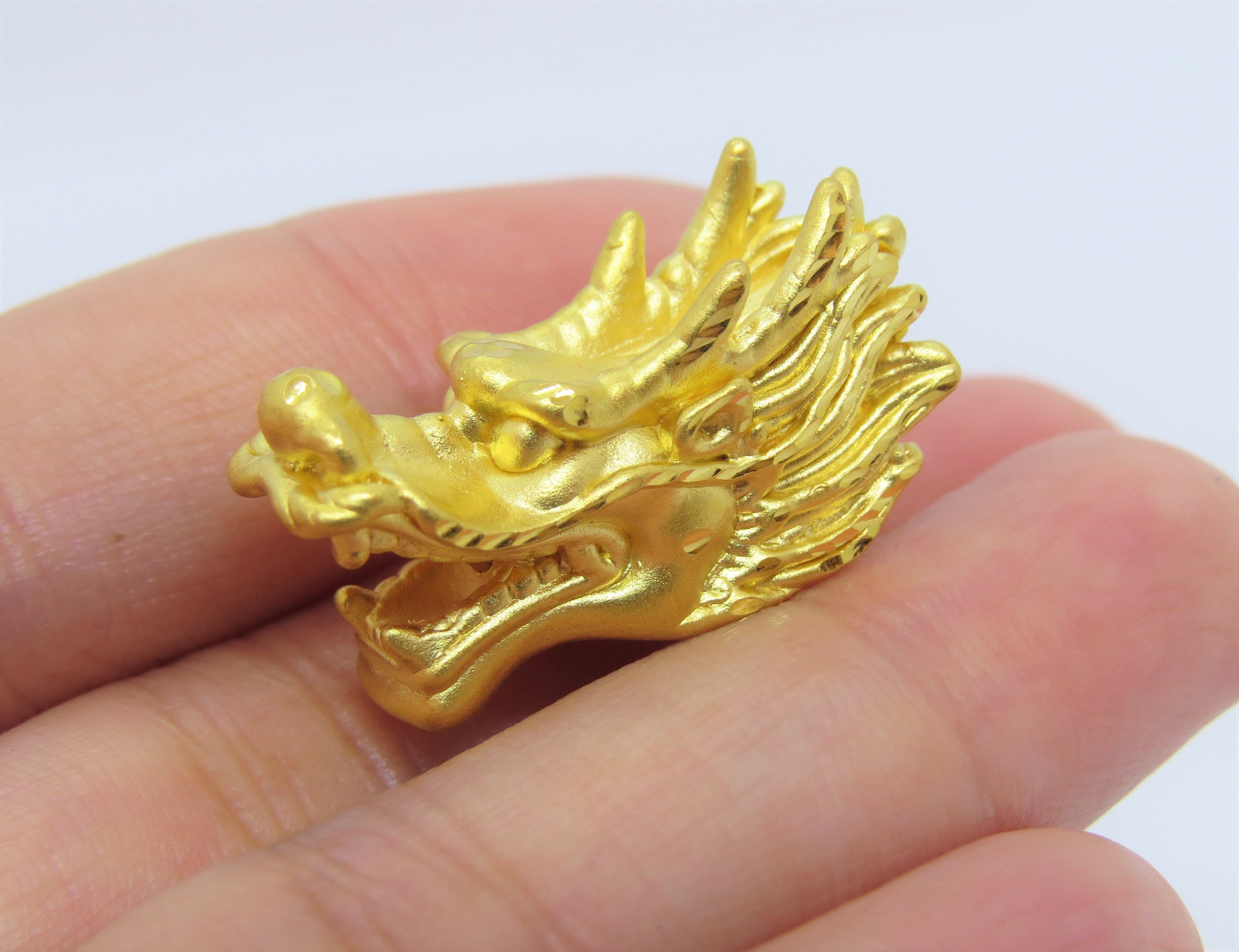 24K 9999 Pure Gold Dragon Head Vintage Charm Pendant Make