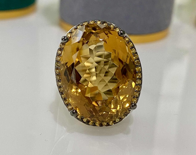 Vintage Sterling Silver Natural 14.54cts Citrine & Yellow Sapphire Ring Size 7
