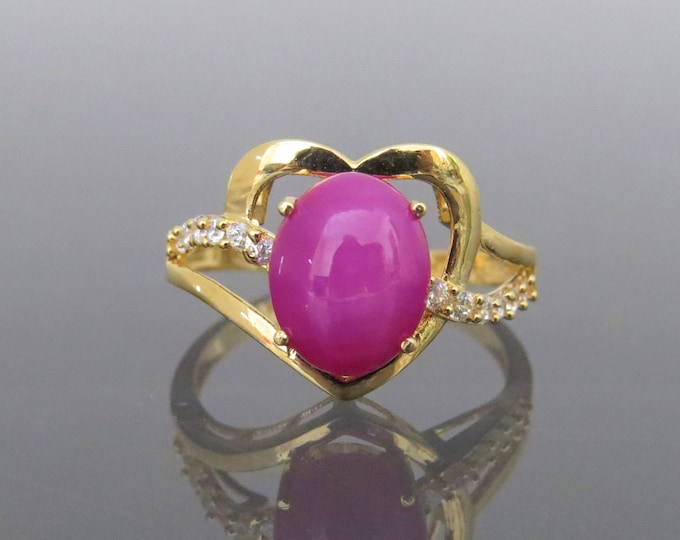 Vintage 18K Solid Yellow Gold Star Ruby & White Topaz Heart Ring Size 7.5