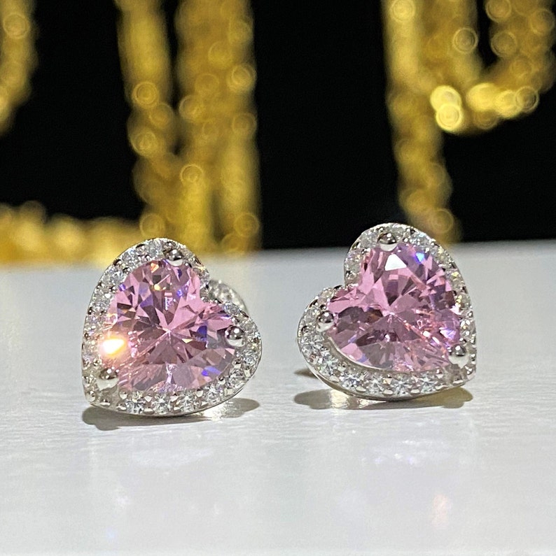 Sterling Silver Pink Sapphire & White Topaz Heart Earrings. image 3