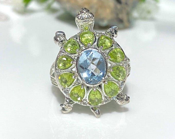 Sterling Silver Natural Fire Aquamarine, Peridot & White Topaz Turtle Vintage Ring Size 8.25