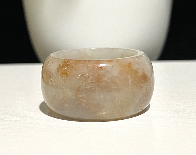 Vintage Translucent Natural Orange, White Jadeite Jade Wide Band Ring Size 8.75