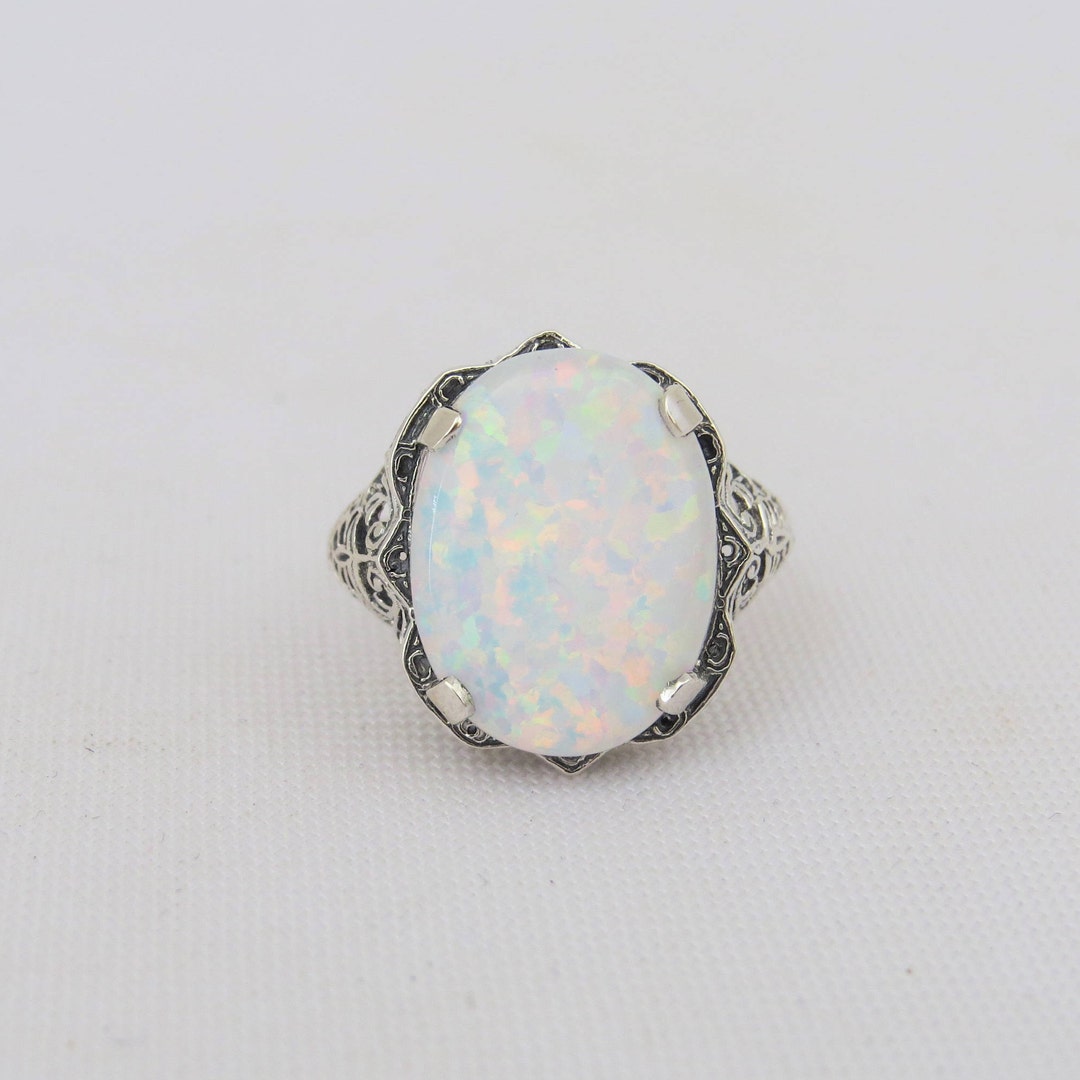 Vintage Sterling Silver Oval White Opal Filigree Ring Size 8 - Etsy