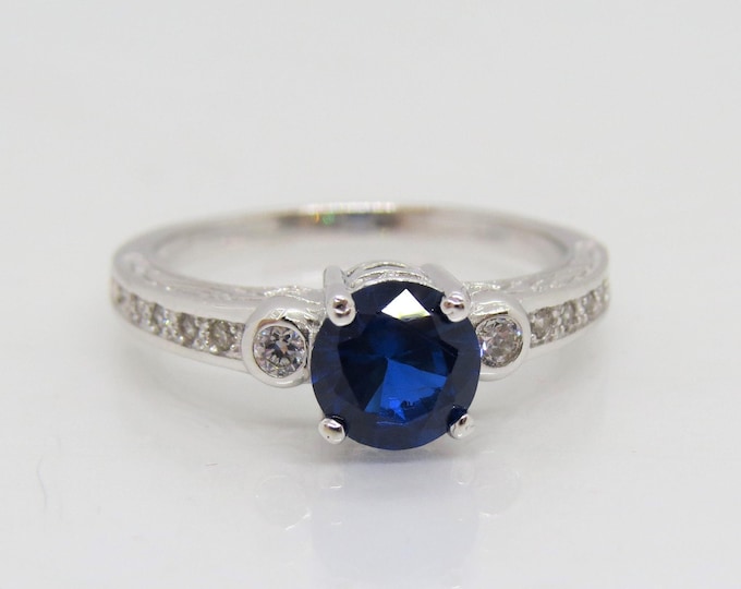 Vintage Sterling Silver Lab Blue Sapphire & White Topaz Ring Size 7
