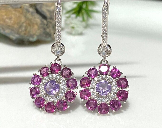 Vintage Sterling Silver Natural Rhodolite, Amethyst & White Topaz Dangle Earrings.