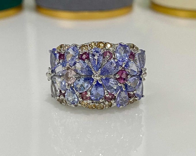 Vintage Sterling Silver Natural Tanzanite, Rhodolite & Yellow Sapphire Ring Size 7