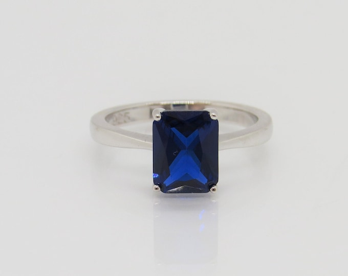 Vintage Sterling Silver Emerald Cut Blue Sapphire Ring Size 4