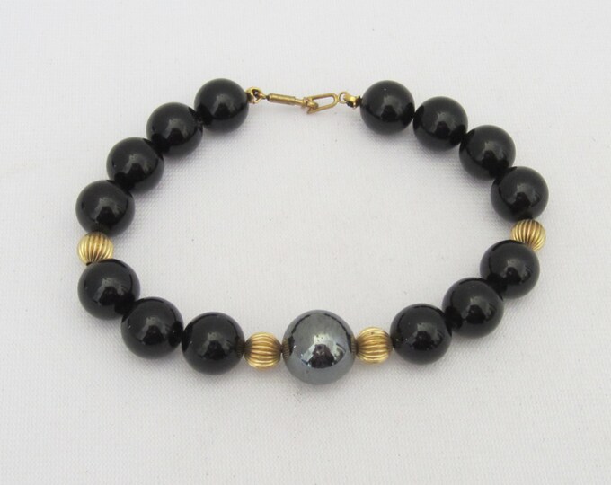 Vintage Jewelry Gold Tone Natural Black Onyx & Hematite Bead Bracelet 7 1/2'' Length