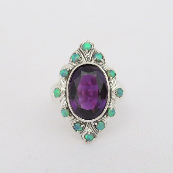 Vintage Sterling Silver Amethyst & Green Opal Ring Size 9