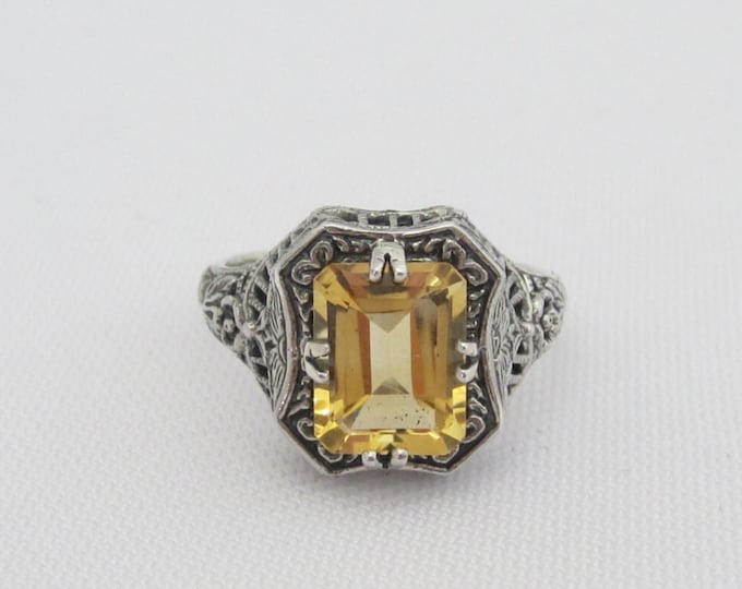 Vintage Sterling Silver Natural Citrine Filigree Ring Size 7