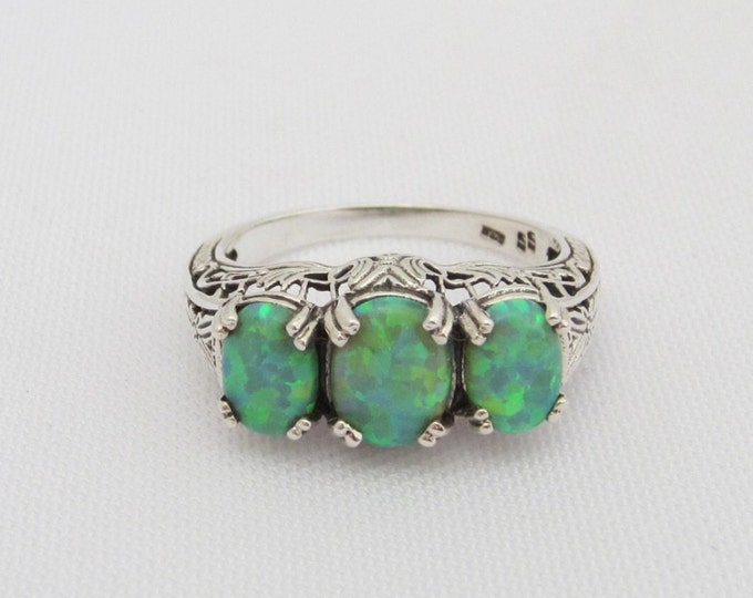 Sterling Silver Green Opal Filigree Ring Size 5