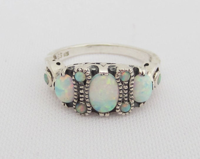 Vintage Sterling Silver Opal Three Stone Ring Size 9