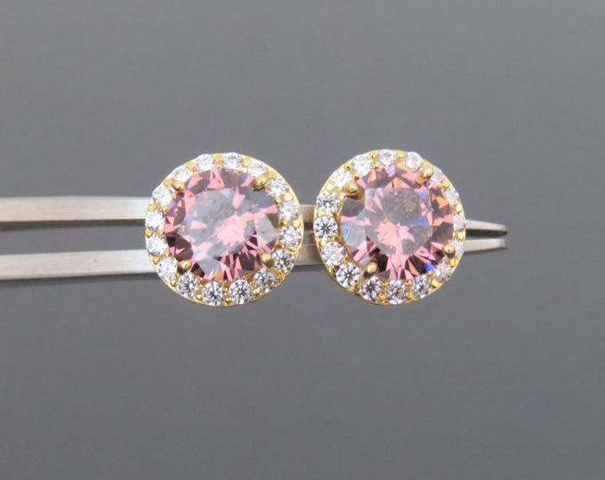 Vintage 18K Solid Yellow Gold 1.22ct Pink Tourmaline & White Topaz Halo Earrings