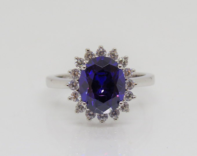 Vintage Sterling Silver Amethyst & White Topaz Halo Ring Size 6