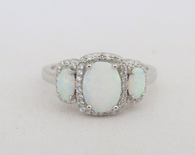 Vintage Sterling Silver White Opal & White Topaz Engagement Ring Size 7