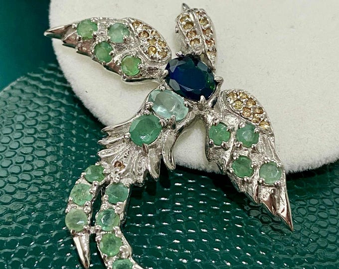Vintage Sterling Silver Natural Black Opal, Emerald & Yellow Sapphire Bird Brooch