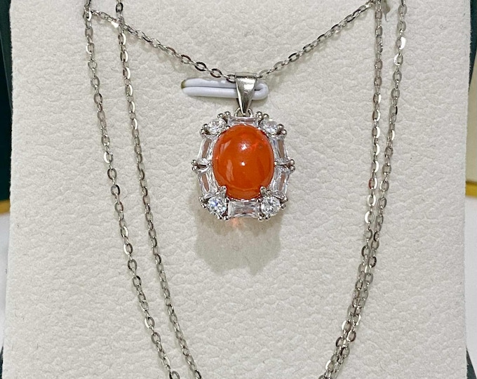 Vintage Sterling Silver 2.54cts Natural Orange Fire Opal & White Topaz Pendant Chain 18''
