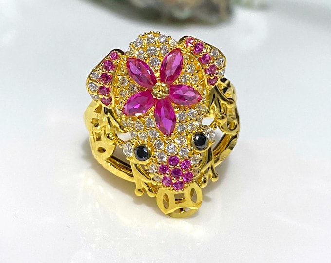 Vintage 15K 610 Solid Yellow Gold Ruby & White Topaz Black Ruby Eye's Frog Ring Size 8