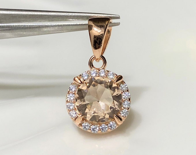 Vintage Sterling Silver Rose Gold Plated Morganite & White Topaz Halo Pendant.
