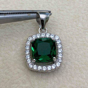 Vintage Sterling Silver Cushion Emerald & White Topaz Halo Pendant