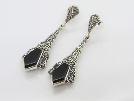 Vintage Sterling Silver Marcasite and Onyx Drop Earrings