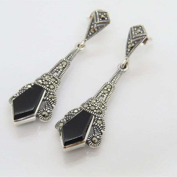 Vintage Sterling Silver Black Onyx & Marcasite Drop Earrings