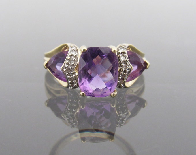 Vintage 14K Solid Yellow Gold 4.07ct Natural Amethyst & Diamond Ring Size 7