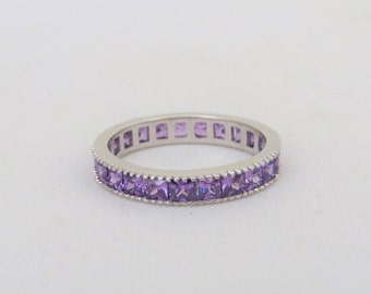 Sterling Silver Princess cut Amethyst Band Ring Size 7