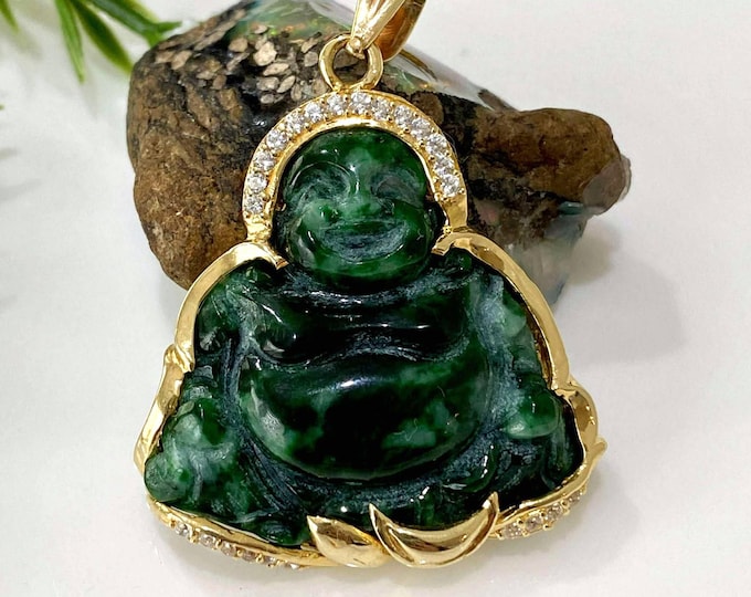 Vintage 18K Solid Gold Green Jadeite Jade, White Topaz Laughing Buddha Pendant Mat Ong Dia.
