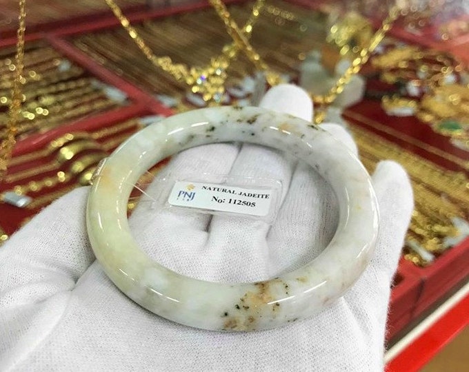 Translucent Natural Honey, White, Orange Jadeite Jade Vintage Bangle Bracelet 60MM