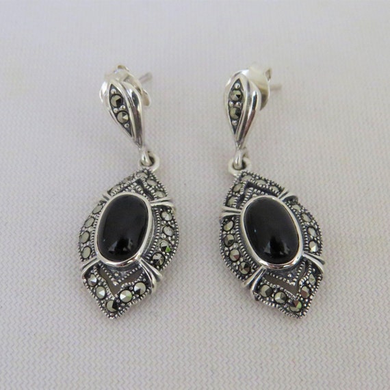 Vintage Sterling Silver Oval Black Onyx & Marcasi… - image 3