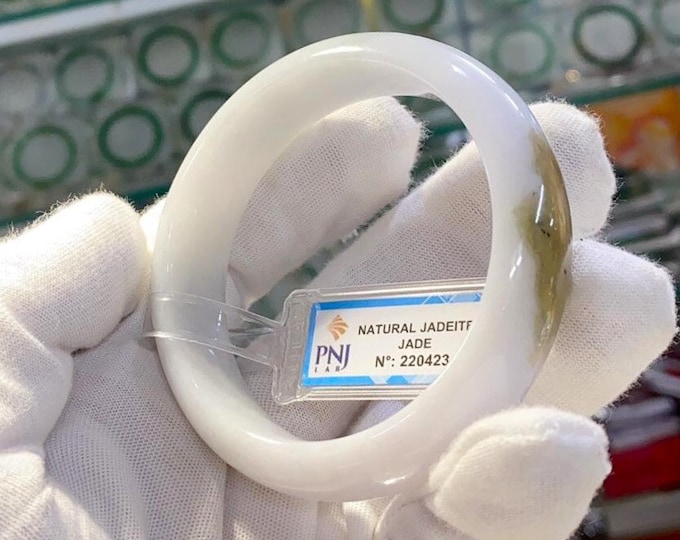 Translucent Natural White Green & Brown Yellow Jadeite Jade Vintage Bangle Bracelet 57.6MM