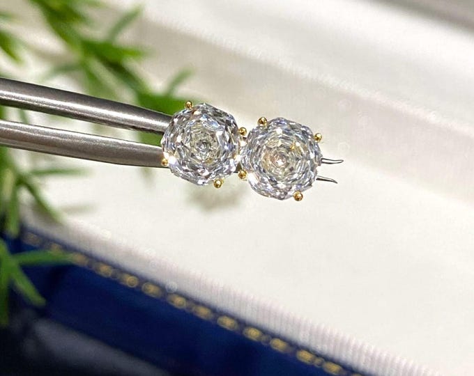 Vintage 15K 610 Solid Yellow Gold Round cut White Sapphire 1.68ct Stud Earrings 6MM