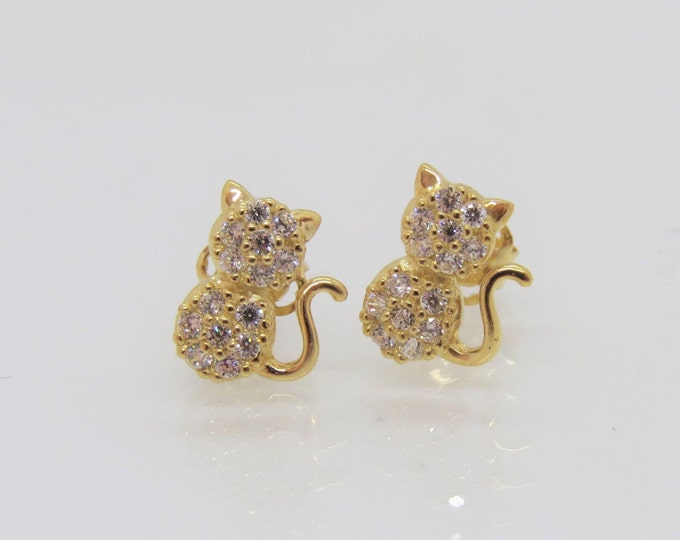 Vintage 14K Solid Yellow Gold White Topaz Kitty Cat Stud Earrings