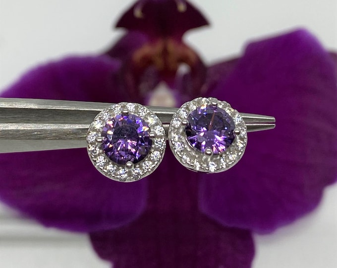 Vintage Sterling Silver Amethyst & White Topaz Halo Earrings.