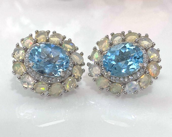 Vintage Sterling Silver 7.70cts Natural Fire Opal & Aquamarine Earrings.