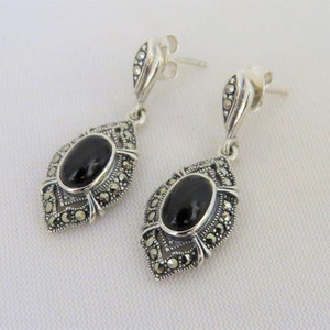 Vintage Sterling Silver Oval Black Onyx & Marcasite Drop Earrings