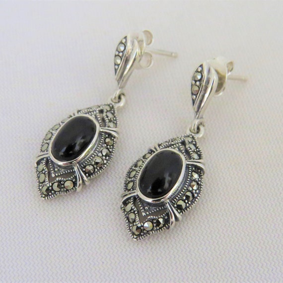 Vintage Sterling Silver Oval Black Onyx & Marcasi… - image 1