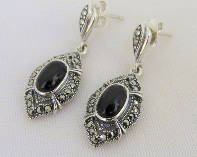 Vintage Sterling Silver Oval Black Onyx & Marcasite Drop Earrings