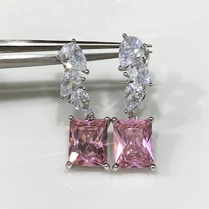 Vintage Sterling Silver Pink Sapphire & White Topaz Dangle Earrings.