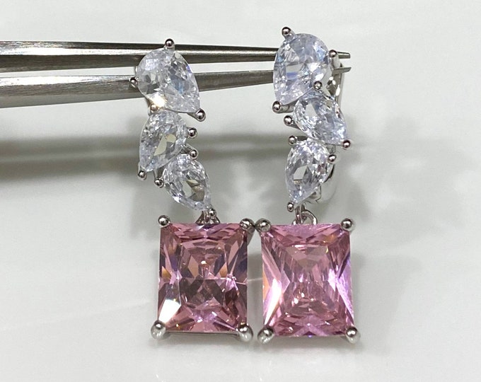 Vintage Sterling Silver Pink Sapphire & White Topaz Dangle Earrings.