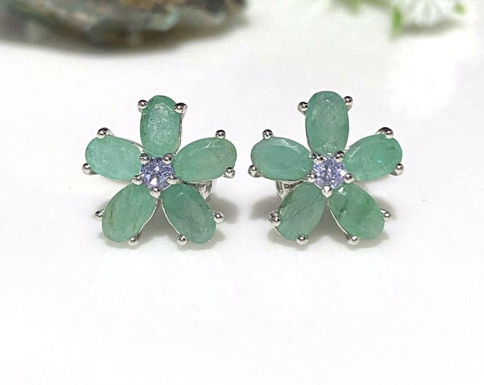 Vintage Sterling Silver Natural Emerald & Tanzanite Flower Earrings.