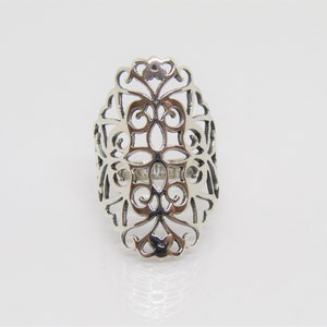 Vintage Sterling Silver Flower Filigree Long Ring Size 8