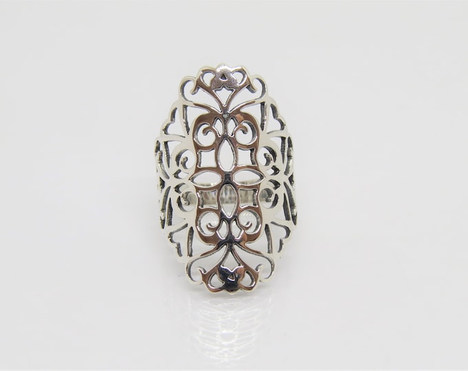 Vintage Sterling Silver Flower Filigree Long Ring Size 8