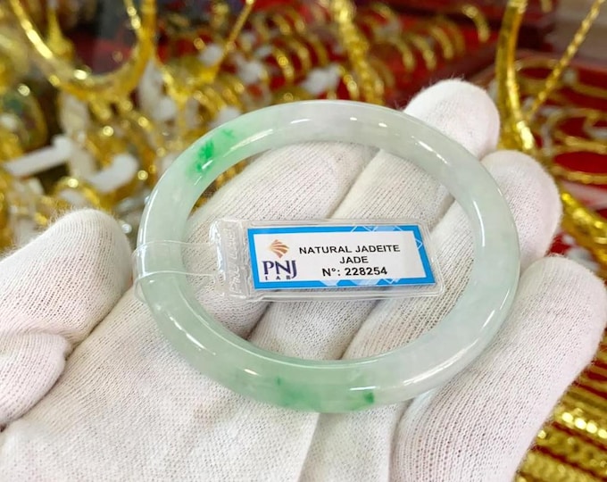 Translucent Natural Green, White Jadeite Jade Vintage Bangle Bracelet 55.8MM