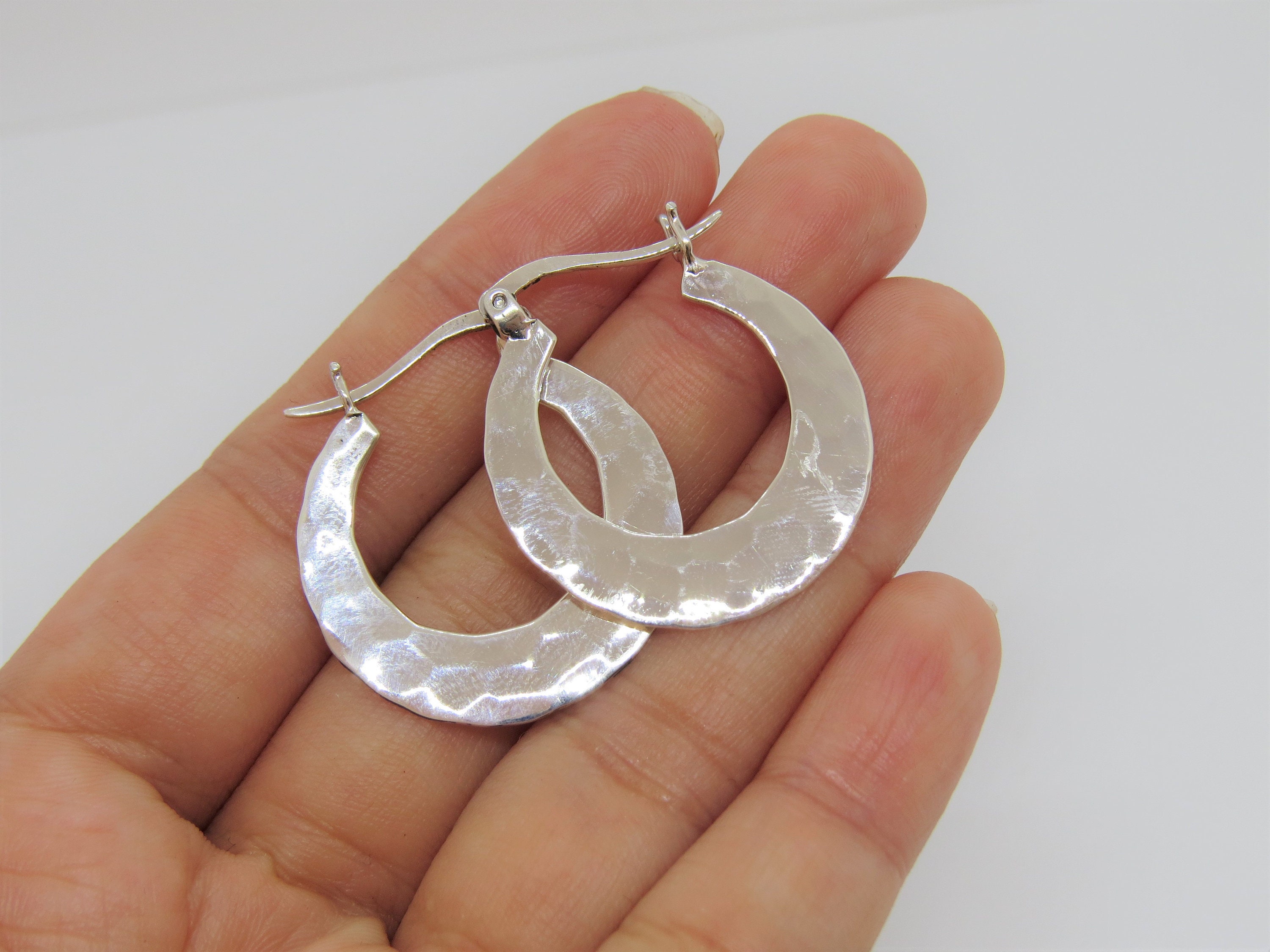 Lunar Crescent Hammered Shiny Silver Hoop Earrings