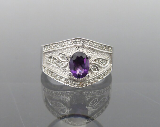 Vintage 14K Solid White Gold Natural Amethyst & Diamond Heavy Dome Ring Size 7